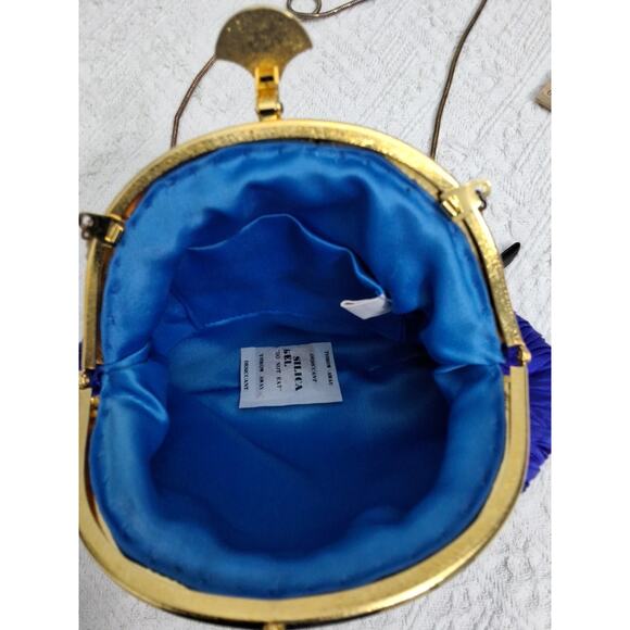Ladies Saphire Blue pleated satin evening bag with gold chain NWT READ - Picture 4 of 7